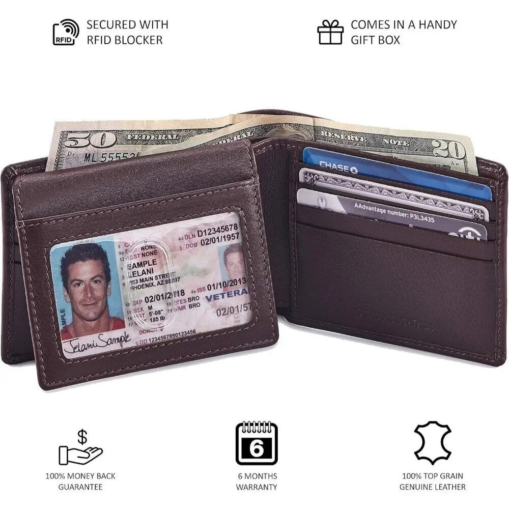Men's Unique Metal Real Slim Chocolate Genuine Vintage Leather Stylish Wallet